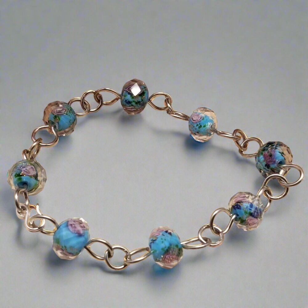 Blue Rose Glass Bead Chain Bracelet